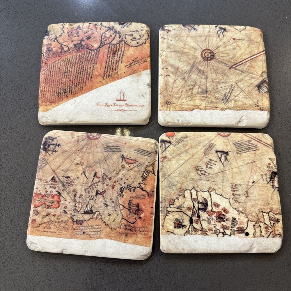 Piri Reis World Map Coaster Set Of Four Made Of Stone With Cork Backing